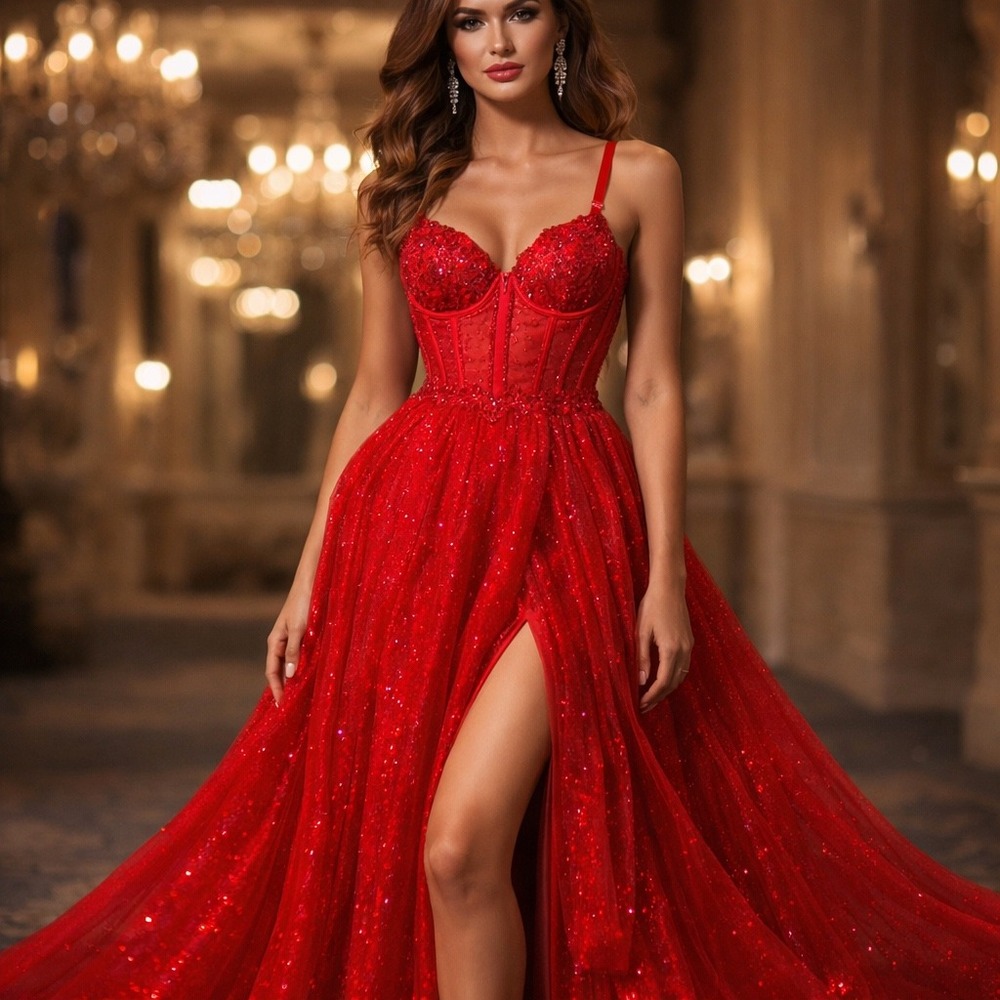 Stacees Red Prom Dress Corset‎ Bodice Slit Train Sparkle Formal Gown NWT Custom